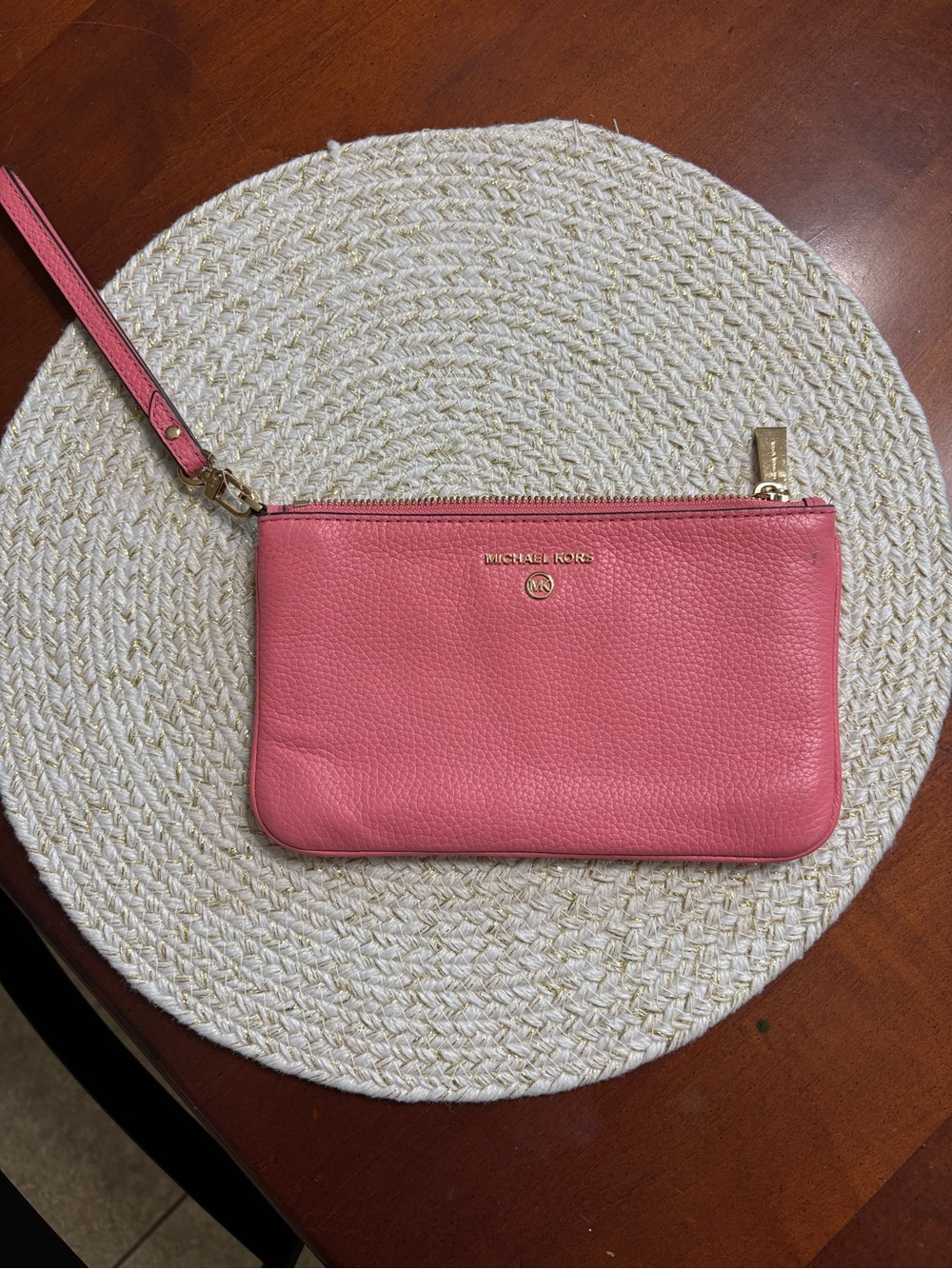 Michael Kors Coral Pink Pebbled Leather Wristlet with Gold Hardware